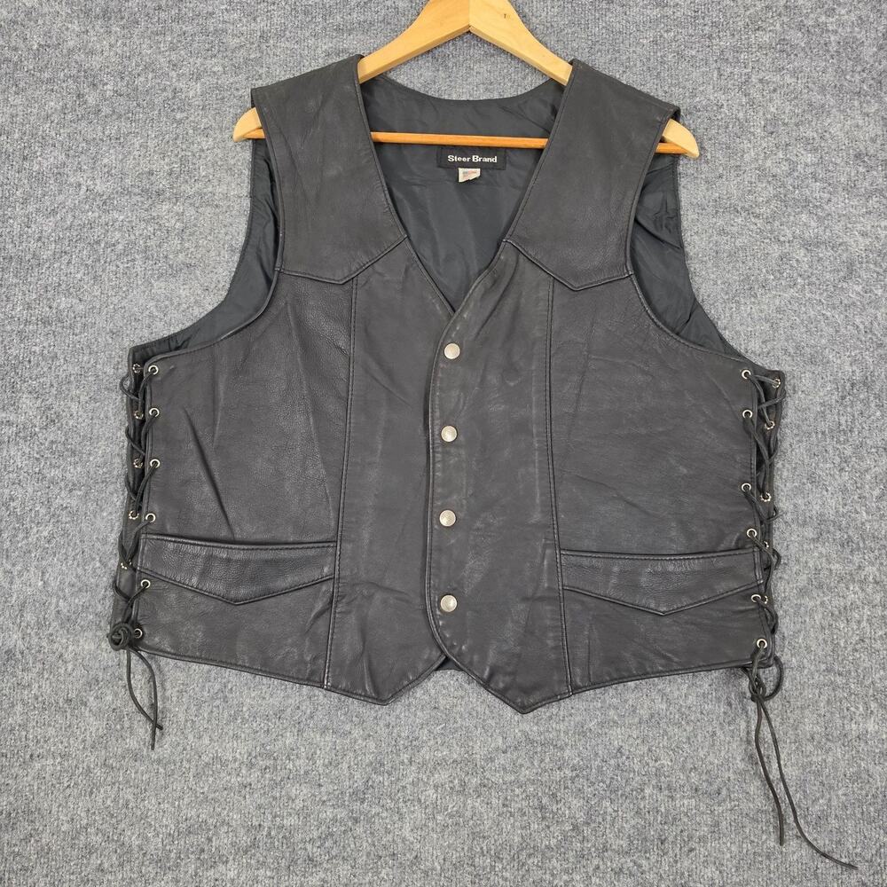 Vtg Steer Brand Vest Mens XL Black Leather Lace Up Biker Moto Snap Front USA